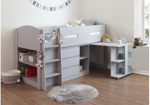 Grey Billy Kids Mid Sleeper,Wood Bunk Bed Frame,Desk,Drawers,Shelf Storage 1